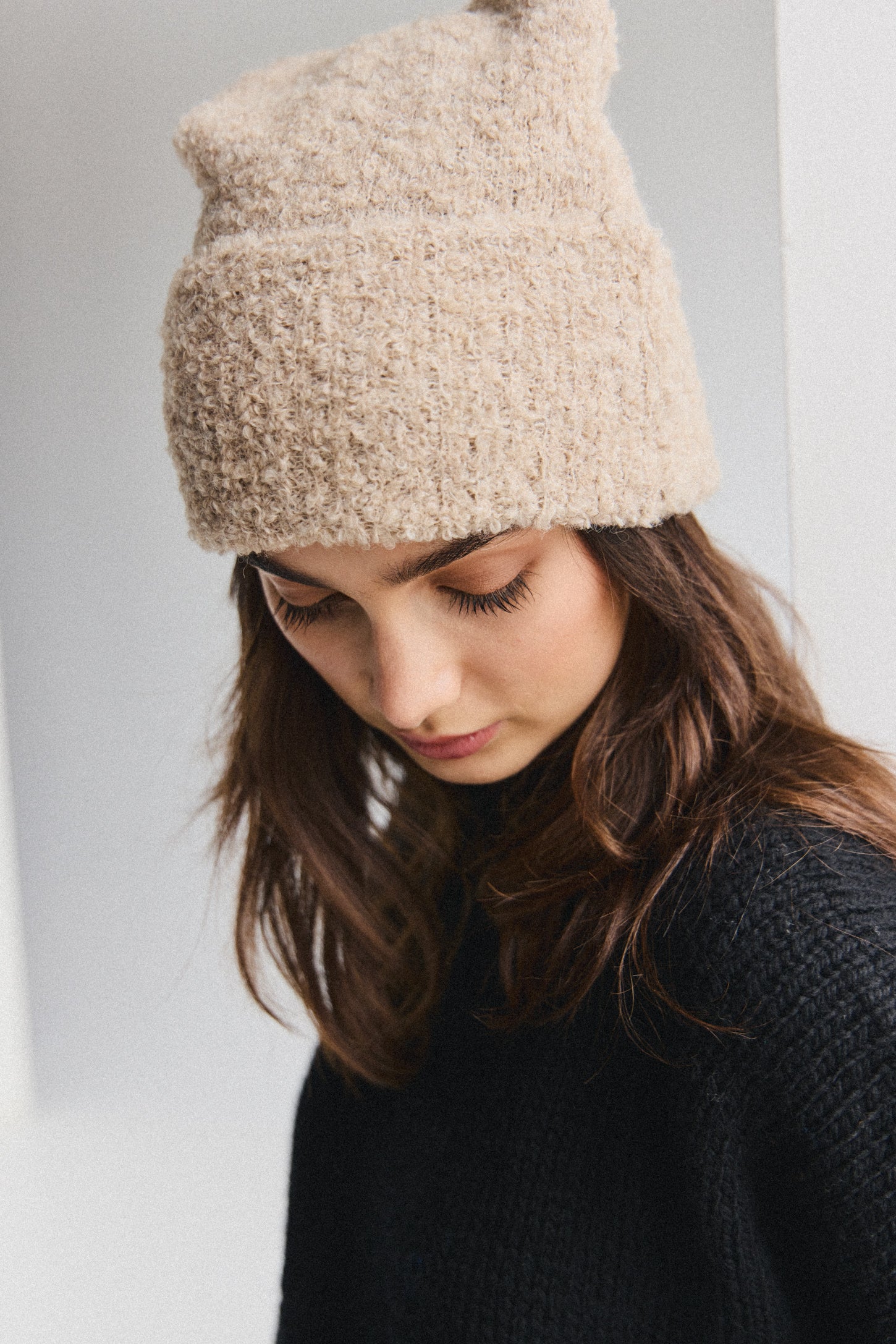 Hand Knit Beige and Ivory Alpaca Beanie Slouch Alpaca Beanie – USA-made alpaca beanie hat – Fluff Alpaca main image 3